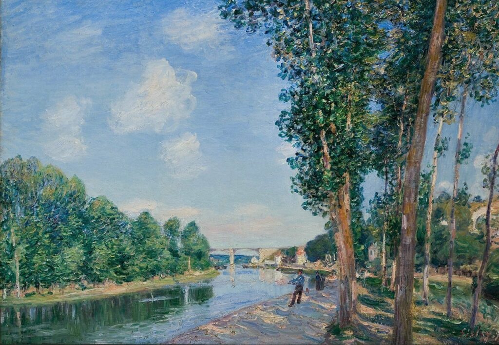 Alfred Sisley: 1892, SDbr, CR798=CCPP925, June sun along the Loing (in the distance the viaduct of Saint-Mammès), 60x93, MNAC Barcelona (iR2;R38;R129,no798;R396,no925;M104) Provenance: Decap; sale HD1901/04/15-29. Expo: SNBA-1896-1151, A Saint-Mammès (soleil de juin), appartient à M. Décap; Barcelona-1917-1453.