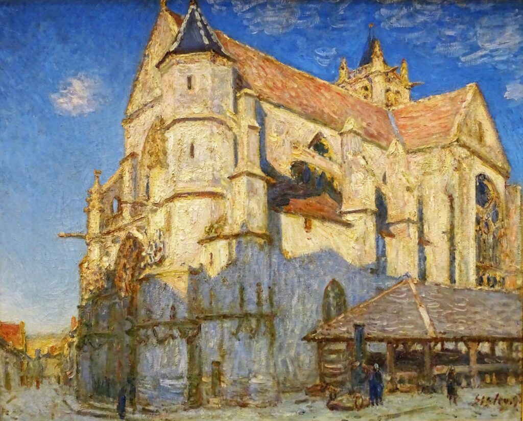 Alfred Sisley: 1893, SDbr, CR820=CCPP932, The church (of Notre-Dame) at Moret-sur-Loing, in the sunshine, 67x82, MBA Rouen (HW18;R53,p130;R129,no820;R396,no932;M12) Provenance: sale atelier Sisley GP1899/05/01-11 -> Montaignac; Depeaux; sale GP1906/05/31-54.