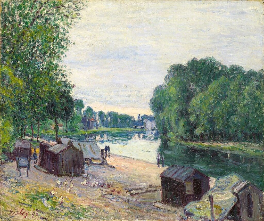 Alfred Sisley: 1896, SDbl, CR855=CCPP961, Cabanes au bord du Loing, le matin par temps couvert (near Moret-sur-Loing), 46x55, A2011/06/21 (iR155;iR10;iR15;R129,no855;R396,no961;R2,p395;R166,p52,note50) Provenance: Georges Petit. Expo: GP1897-126. Compare: 7IE-1882-168, Cabane au bord de l’eau +DR1883-solo expo, Waterside hut (sold by Durand-Ruel 1883/08/09 to Georges Petit).