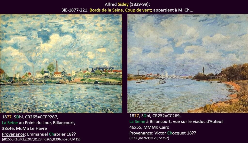Alfred Sisley: 3IE-1877-221, Bords de la Seine, coup de vent; appartient à M. Ch... Compare: CCPP267 +CCPP269.