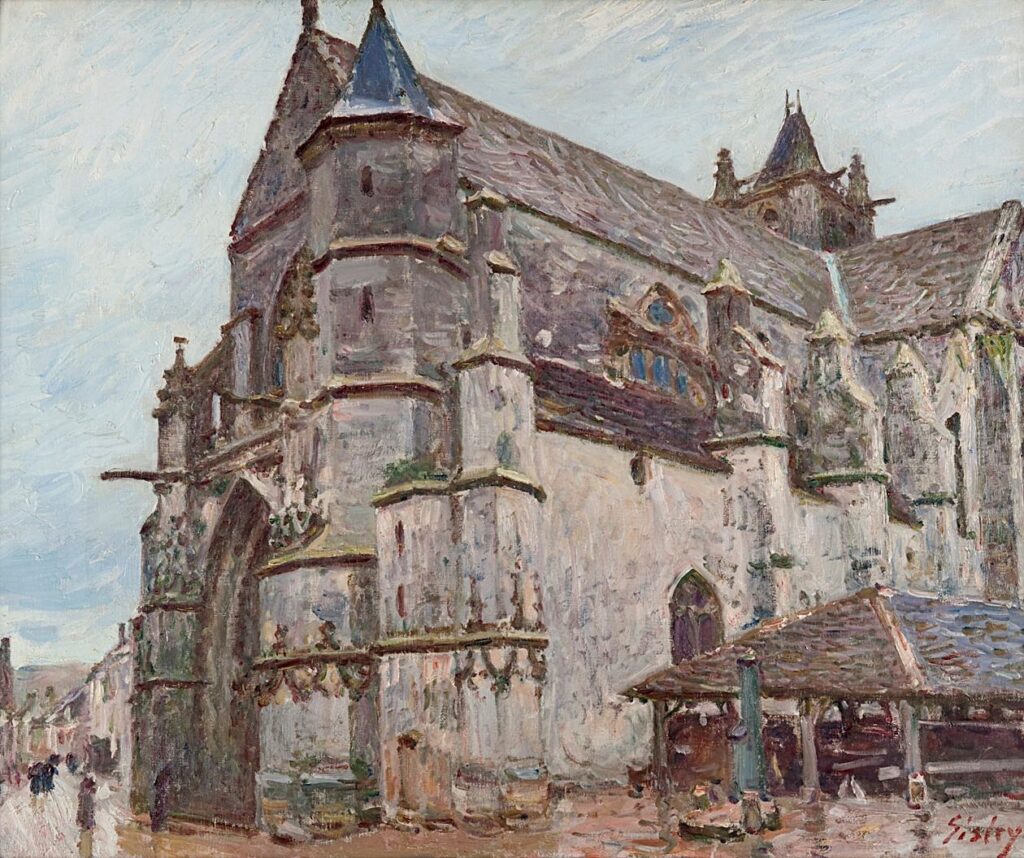Alfred Sisley: 1893, SDbr, CCPP931, The Church at Moret-sur-Loing, rainy day, morning, 66x81, HAG Glasgow (iR155;iR10;iR173;iR2;R5,p189;R38;R396,no931;M186) Provenance: Viau; Expos: SNBA1896-1150, Eglise de Moret (temps de pluie), appartient à M. le Dr Viau; GP1897-48; GP1899-77; GP1917-55.