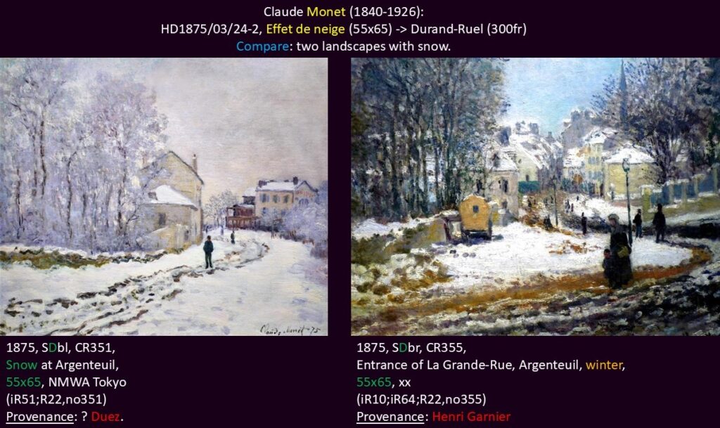 Claude Monet: HD1875/03/24-2, Effet de neige (55x65) -> Durand-Ruel (300fr) (R88II,p451). Compare two landscapes with snow (R22,no351+355).