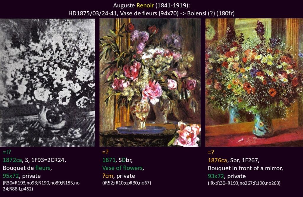 Auguste Renoir: HD1875/03/24-41, Vase de fleurs (94x70) -> Bolensi (?) (180fr) (R88II,p452). Uncertain options: 1F93 +cp1F67 +1F267 (R30=R193).