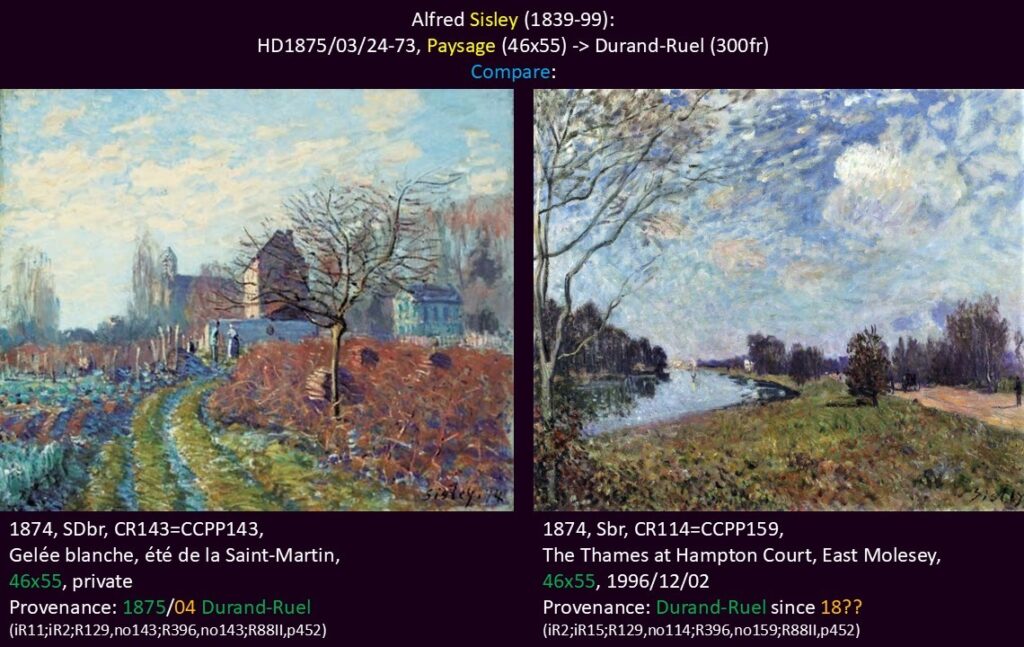 Alfred Sisley: HD1875/03/24-73, Paysage (46x55) -> Durand-Ruel (300fr) (R88II,p452). Compare two landscapes with the same size: CR143=CCPP143 + CR114=CCPP159 (R129;R396)