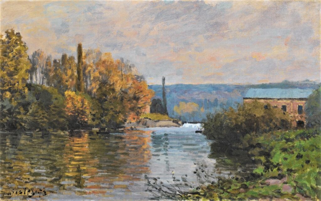 Alfred Sisley: 1873, SDbl, CR70=CCPP67, Le barrage de la machine de Marly, Bougival, 38x61, A2018/11/13 (iR11;iR2;iR10;R166,p122;R129,no70;R396,no67) Provenance: Mme G. Morris (before 1899). Compare: GP1897-9, Coteaux de Bougival, et Machine de Marly, appartient à M. F...
