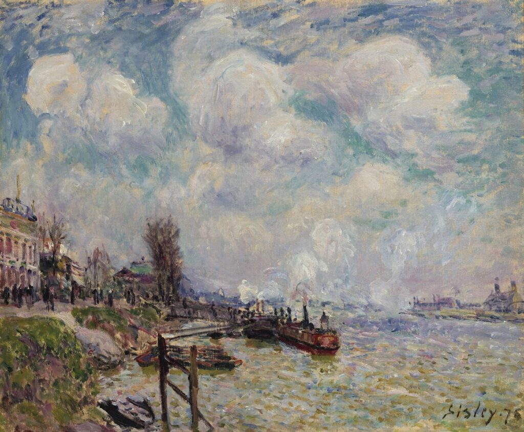 Alfred Sisley: 1878, SDbr (78?), CR295=CCPP305, La Seine au point du jour, Billancourt, 39x46, A2018/11/13 (iR11;iR14;iR2;R129,no295;R396,no305) Provenance: Dachery; sale HD1899/05/30-52 -> Bonjean; Jules Strauss; sale HD1902/05/03-59; Bernheim-Jeune. Compare: GP1897-15, Le Point-du-Jour, 1878, appartient à M. A. Scholl.