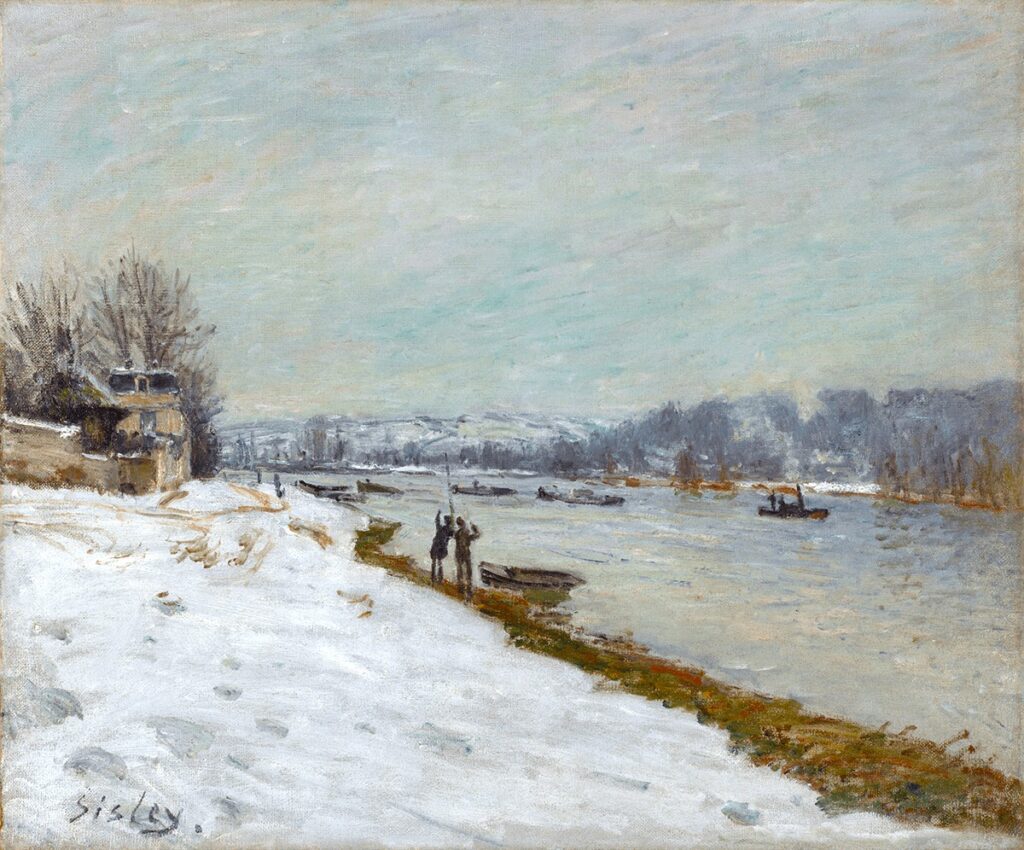 Alfred Sisley: 1879ca, Sbl, CR347=CCPP376, Embankment at Billancourt, snow effect, 46x55, NAMA Kansas City (M42;iR10;iR2;R129,no347;R396,no376) Provenance: 1892ca Camentron; 1892/02/23 Durand-Ruel till 1927/03/16. Expos: GP1897-7; NYDR-1917-1; NYDR1921-12.