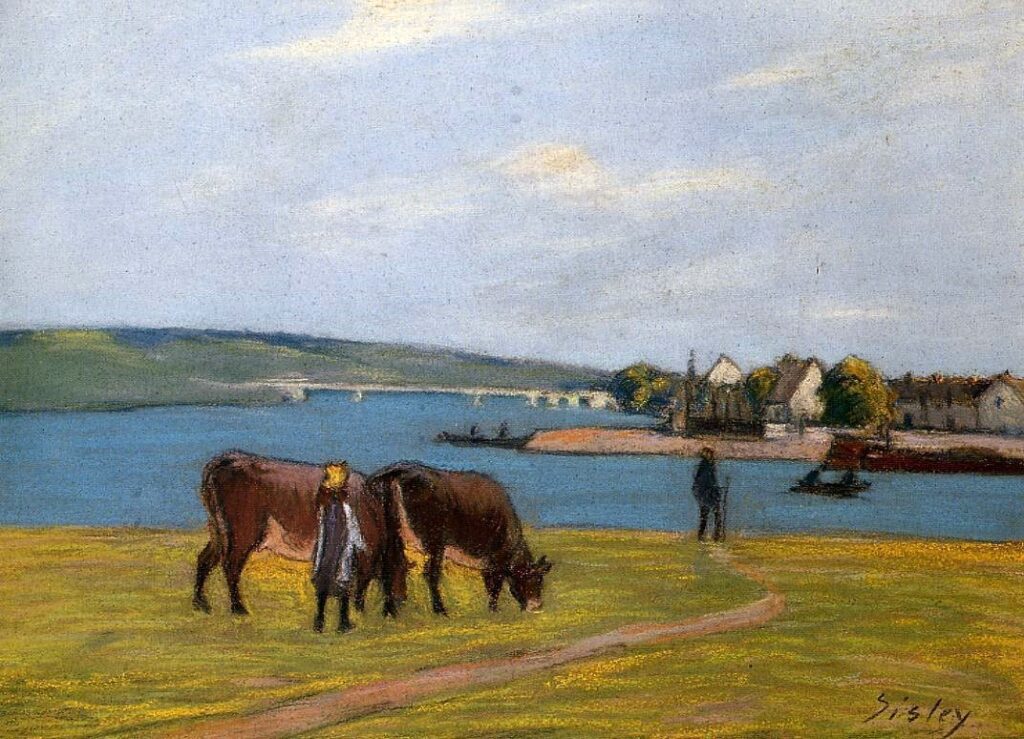 Alfred Sisley: 1890-96ca, Sbl, CCPPp54, Cows grazing at the banks of the Loing opposite Saint-Mammes, 29x40, A2010/06/23 (iR2;iR14;R38;R396,nop54). Provenance: 1936, Pearson. Expo: =?? GP1897-148, Les Vaches, à Saint-Mammès, 1896, appartient à M. Charpentier.
