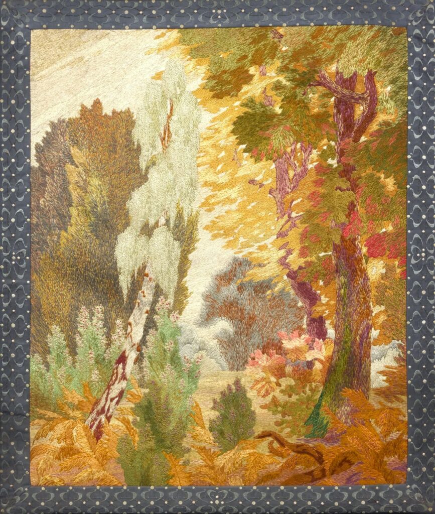 Félix Bracquemond: 1905ca, Sous-bois au printems, silk embroidery (for Manufacture des Gobelins), 64x54, A2024/04/30 (iR201;iR87;iR201;iR1;iR19) =SNBA-1907-171-178, Paysage (panneaux décoratifs, broderies en soie)