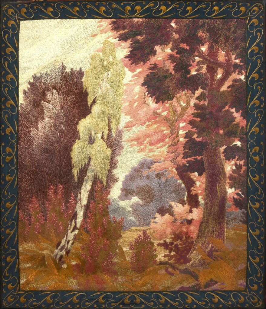 Félix Bracquemond: 1905ca, Sous-bois en automne, silk embroidery (for Manufacture des Gobelins), 63x54, A2024/04/30 (iR201;iR87;iR201;iR1;iR19) =SNBA-1907-171-177, Paysage (panneaux décoratifs, broderies en soie)