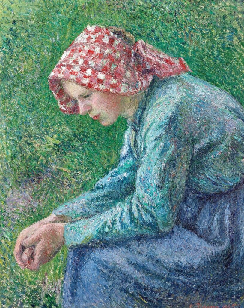 Camille Pissarro: CCP798, 1885, SDbr, Seated peasant girl, 73x60, Yale New Haven (iR387;iR10;R480,p403;R321-1;R116,no798;R231-1;M33) Provenance: 1885/08/10 Durand-Ruel; 1896/05/13 Depeaux; sale GP1906/05/31-36; Eugène Blot. Expos: =DR1892-32; =? EU-C-1900-C-518, Paysanne assise (1880) (à M. Ch. Carburn); GEB1907-8.