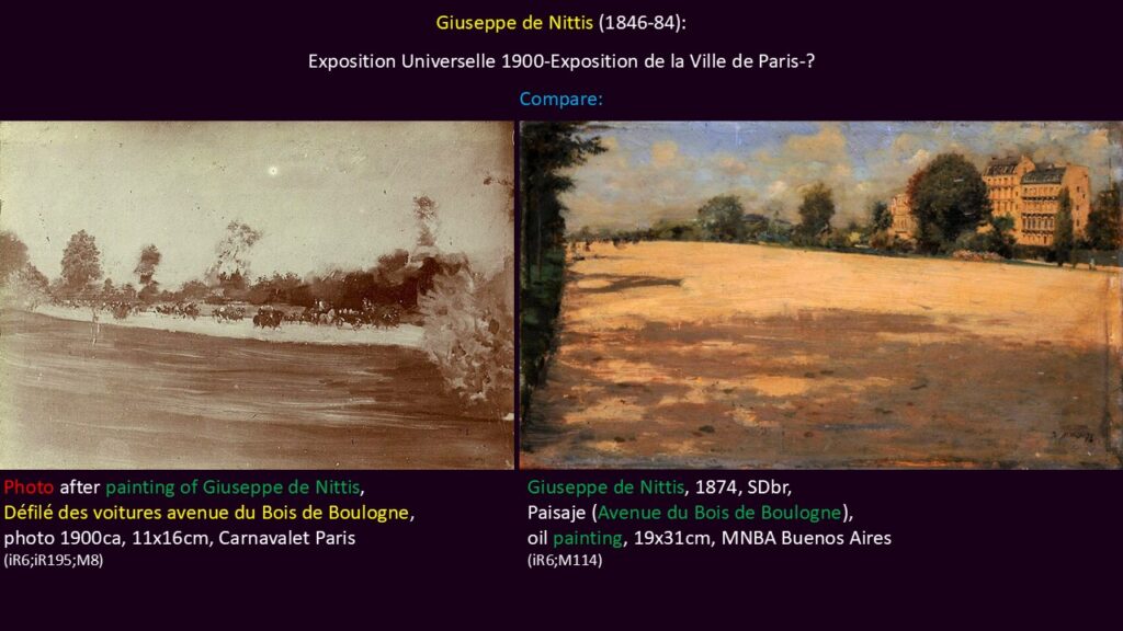 Giuseppe de Nittis: EU-1900-Exposition de la Ville de Paris-?, Défilé des voitures avenue du Bois de Boulogne. Compare photo and another painting with similarities.