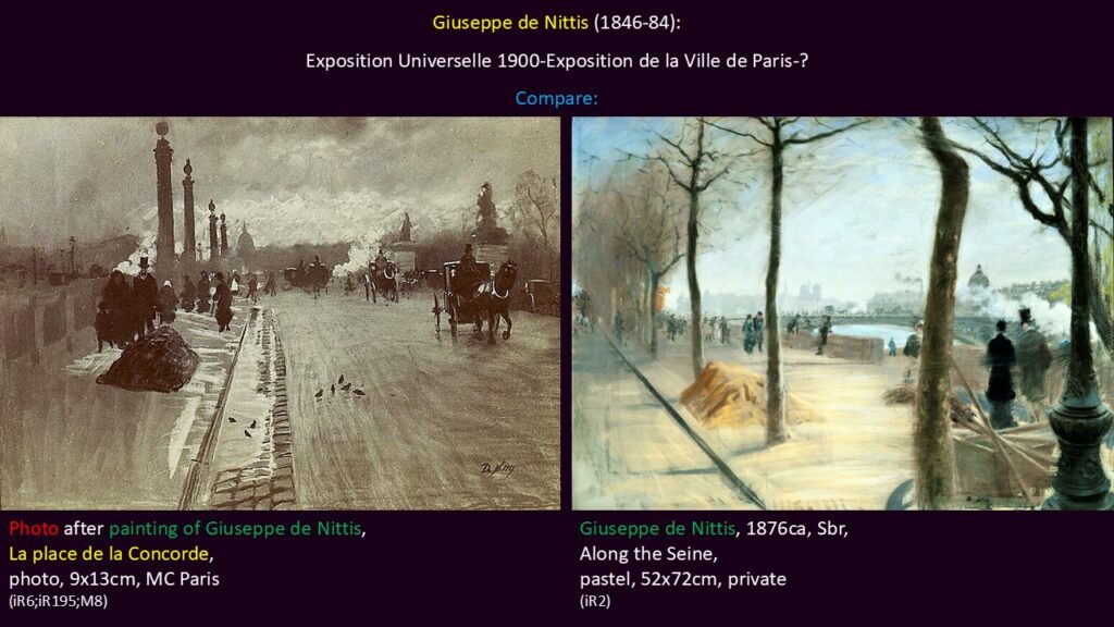Giuseppe de Nittis: EU-1900-Exposition de la Ville de Paris-?, La place de la Concorde. Compare photo and another pastel with similarities.