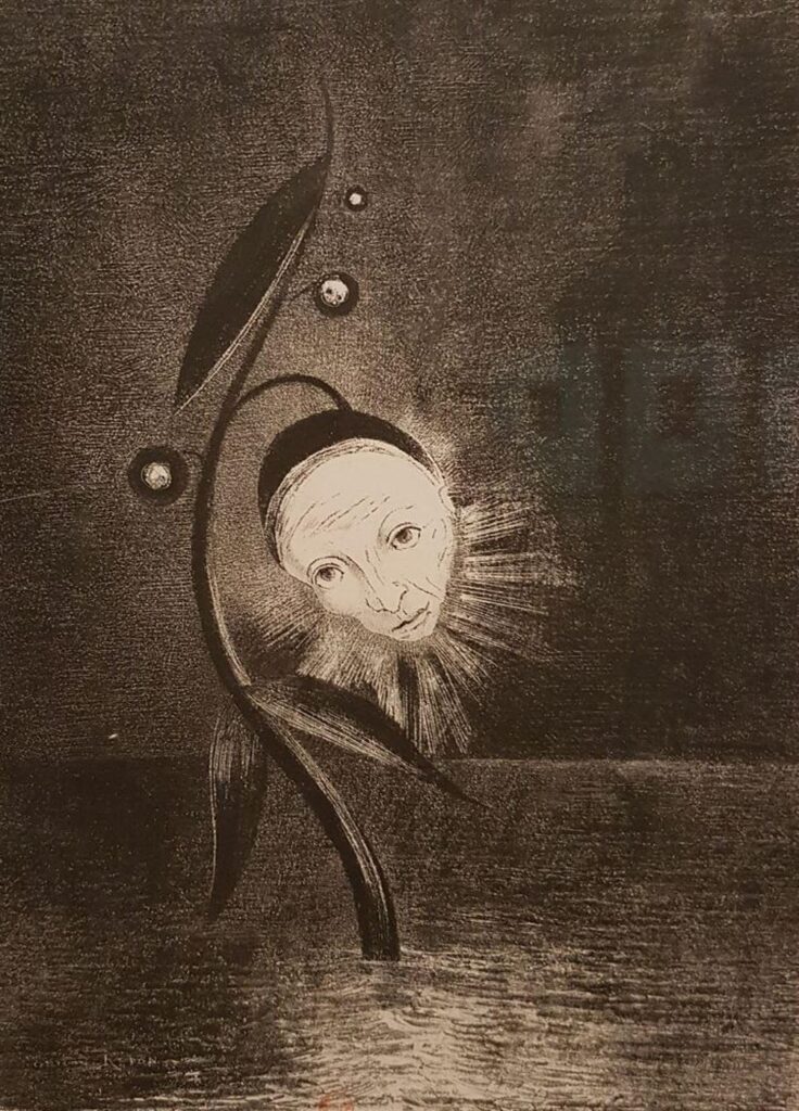 Odilon Redon: 1885, M55, Sbl, La Fleur de marécage (Une tête humaine et trieste), litho, 27x20, A2007/10/30 (iR10;iR11;R182,no1181;aR13,no55;R231-1;M41) =EU-1900-C-VIII-2643-1, Hommage à Goya; 2. Fleurs du marécage (1885); litho.