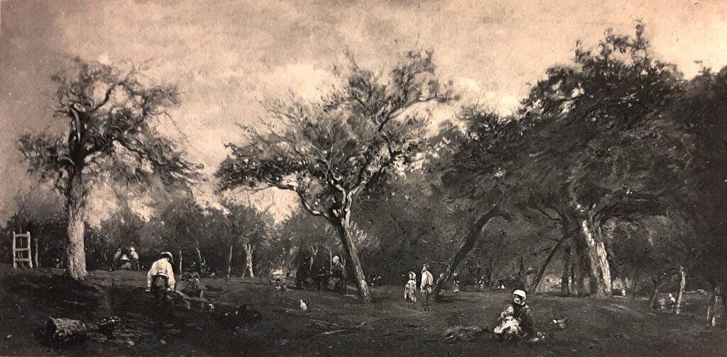 Adolphe-Félix Cals: 1876, Un dimanche, au Saint-Siméon (La cueillette des pommes), engraving after painting, 58x118cm (R152,p136+210) Provenance: Doria sale. Compare: 4IE-1879-42, Le dimanche à Saint-Siméon, Honfleur, dessin.