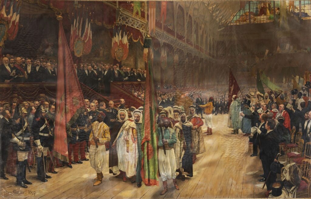 Henri Gervex (1852-1929): 1897, Distribution des récompenses aux exposants par le président Sadi-Carnot (1889-09-29), 612x977, MNCh Versailles (iR291;iR127;iR10;R231-3+4+13;M195) =EU-1900-D-846, La Distribution des récompenses aux Palais de l'Industrie; Défilée des colonies françaises devant le président Carnot (à l'État) (hors concours)