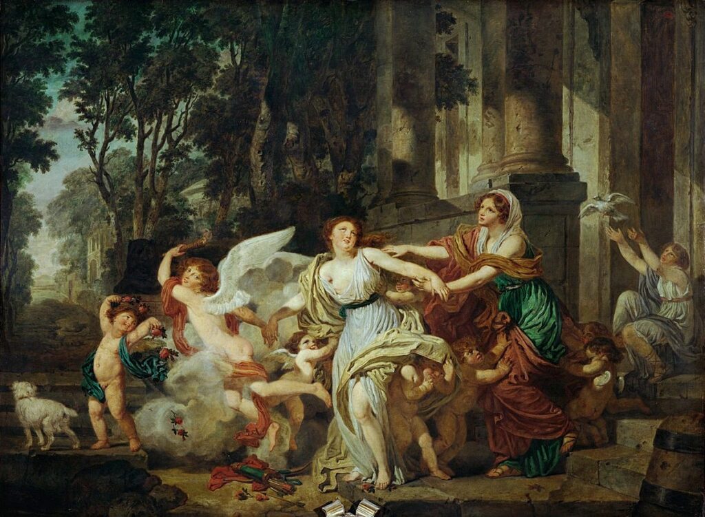 Jean-Baptiste Greuze (1725-1805): 1786ca, L'Innocence entraînée par l'Amour, 146x196, Louvre (iR155;iR6;R481,p11;M5) Provenance: 1899 comte Basile de Schlichting. Expo: =!? EU-1900-R-XIX-4576, L'Innocence enchaînée (M. le baron Schlichting)