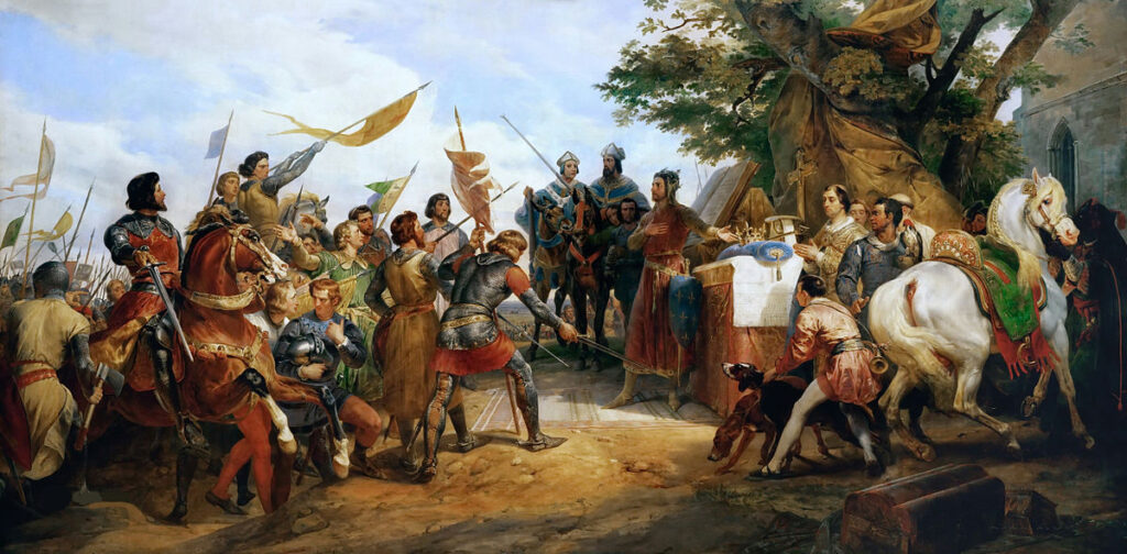 E.-J.-Horace Vernet (1789-1863): 1827, CR267, Bataille de Bouvines (1214-07-27) gagnee par Philippe Auguste, 510x958, MNCh Versailles (iR6;iR1;iR23;M195) Provenance: commissioned by King Charles X. Expos: =S1827-1, Philippe-Auguste, avant la bataille de Bouvines (Conseil d'Etat)