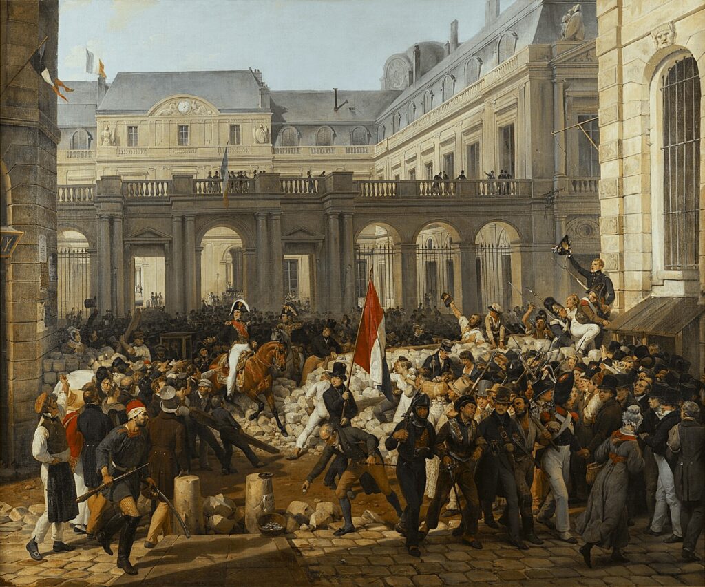 E.-J.-Horace Vernet (1789-1863): 1832, Le duc d'Orléans quitte le Palais-Royal pour se rendre à l'Hôtel de Ville (The Duc d'Orléans on his way to the Hôtel de Ville; 1830-07-31), 228x258, MNCh Versailles (M195;iR10;R322,p227) =S1833.