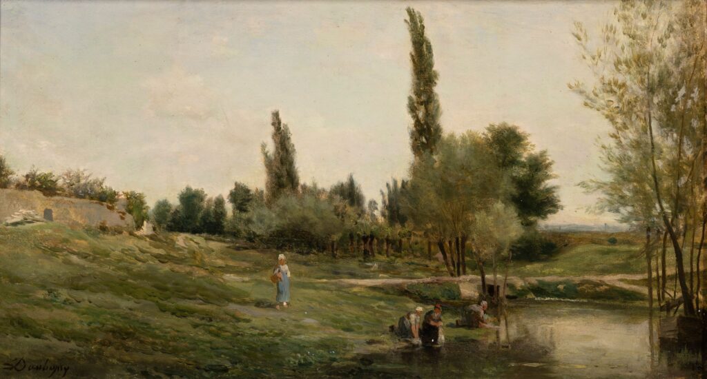 Daubigny (1817-78): 18??, Sbl, Paysage avec laveuses, ow, 21x39, MBA Reims (M190,887.3.85;iR10;R231-1) =!? EU-1900-C-161, Bord de rivière avec des laveuses (Musée de Reims)