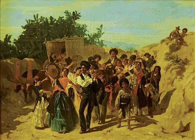 Alfred Dehodencq (1822-82): 1852, Bohemians returning from a party in Andalusia, 84x117, Axx (iR10;iR13;iR7;R231-1+2) Expo: S1865; EU-1900-C-212, Les Bohémiens (et bohémiennes au retour d'une fête en Andalousie) (Musée de Chaumont; S.1865).