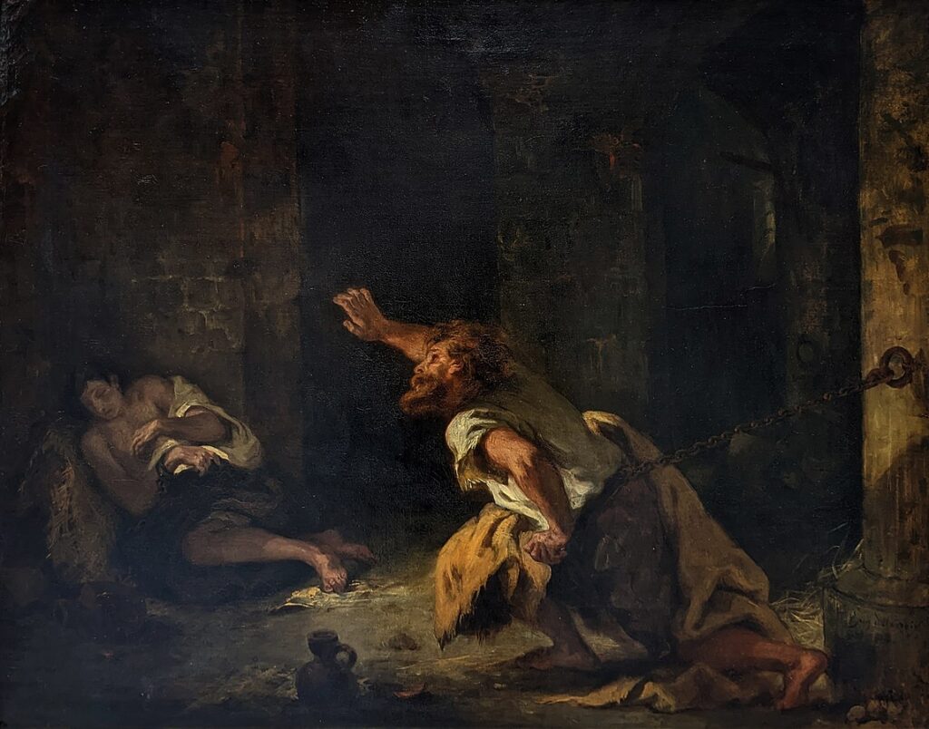 Delacroix (1798-1863): 1834, R561, The Prisoner of Chillon, 74x93, Louvre (iR6;iR23;M5) Expos: S1835-555 (à le duc d’Orléans); EU-1855-2928; EdBA-1885; EU-1900-C-220, Le prisonnier de Chillon (à M. Moreau-Nélaton)