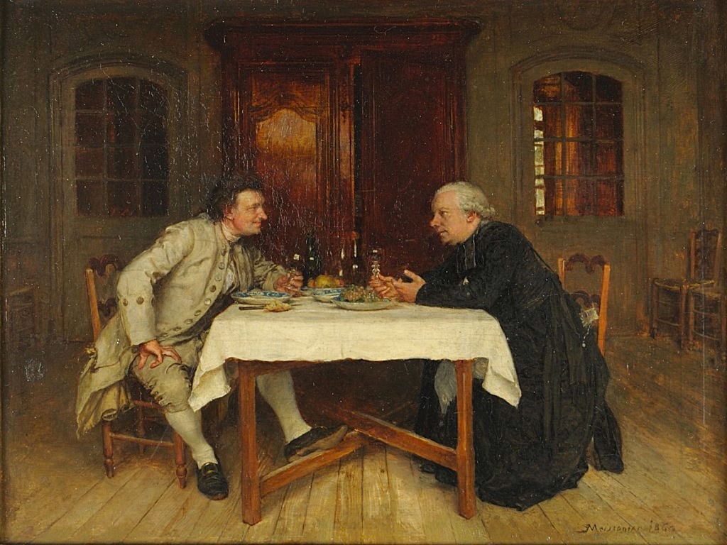 Ernest Meissonier (1815-91): 1860, Le Vin du curé, 12x15, MBA Reims (M190;iR10;R231-1) EU-1900-C-459, Le Vin du curé (à M. Vasnier)