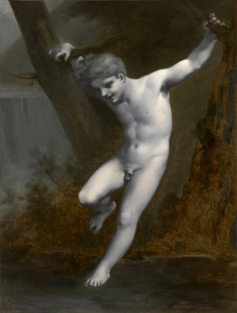 Pierre-Paul Prud'hon (1758-1823): 1814ca, Jeune Zéphyr se balançant au-dessus de l'eau (esquisse), 128x98, Louvre (M5;iR10;iR6;iR23;R231-1+2) Expos: EdBA-1874; EU-1900-C-528, Jeune Zéphyr se balançant au-dessus de l'eau; esquisse du tableau exposé au Salon de 1814 (à M. Schlichting)