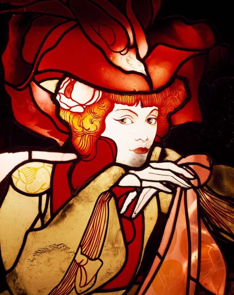 Georges de Feure (1868-1943): 1903ca, Female figure (d), stained glass (iR155). Compare: 1901-03ca, Panneau d'Élégante, 202x91, Orsay (M1;iR6); commissioned by Bing.