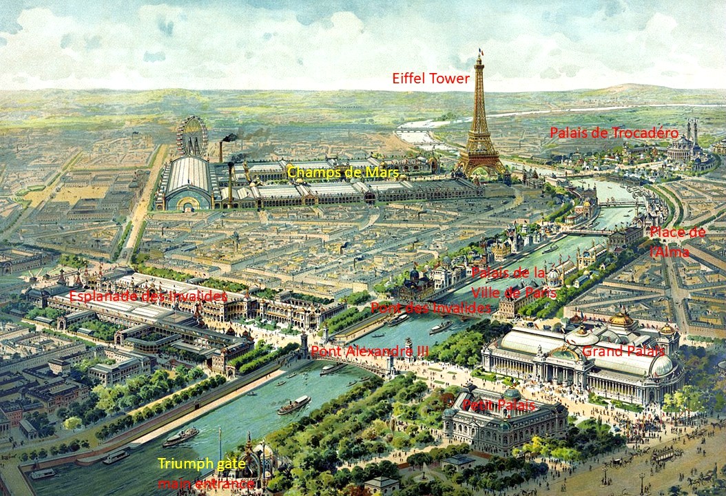 Lucien Baylac (1851–1913): Vue panoramique de l'exposition universelle de 1900 (with locations), litho, 72x93, Library of Congress Washington (iR6;iR10)