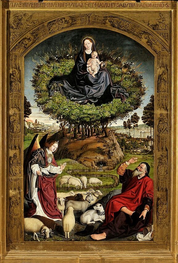 Nicolas Froment: 1475-76, Le Buisson ardent (triptyque; center panel), 305x410, Cathédrale Saint-Sauveur d'Aix-en-Provence (iR6;iR10;R231-16) =EU-1900-R-XIX-4544, Le Buisson ardent, 1375; Cathédrale d’Aix.