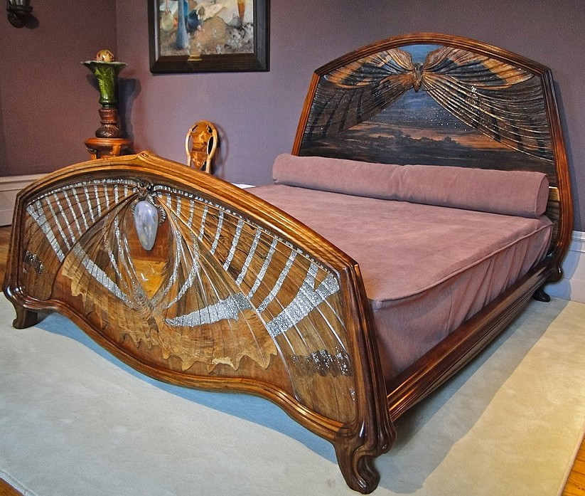 Emile Gallé (1846-1904): 1904, Dawn and Dusk bed, rosewood +ebony +mother-of-pearl +iridescent moonlight glass, 143x218x192, MBA Nancy (iR6;iR10;R501,p116;R511,p66;M218)