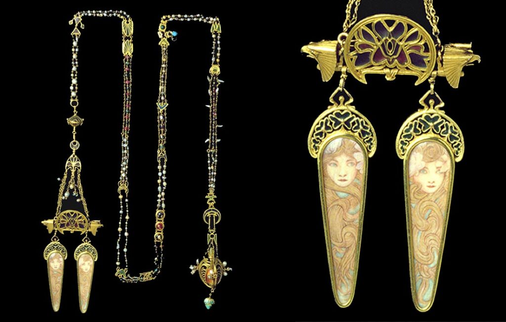 Alphonse Mucha (1860-1939), design + Georges Fouquet (1862–1957), execution: 1900, Necklace (+detail), gold +enamel +freshwater pearls +mother-of-pearl +semi-precious stones, 159cm (iR10;iRx;R507,p84) =EU-1900-Fouquet stand.