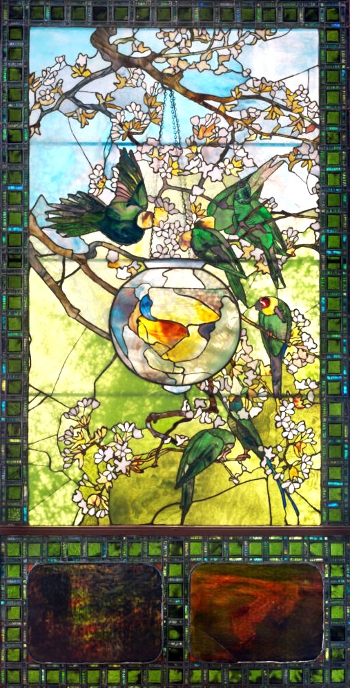 Louis Comfort Tiffany (1848-1933): 1889ca, Parakeets and Gold Fish Bowl, stained glass window, ?cm, MFA Boston (iR10;M22;R505,p141+no62) Expos: Chicago-EU-1893; SNBA-1895; 1895/12, opening Bing Art Nouveau gallery.