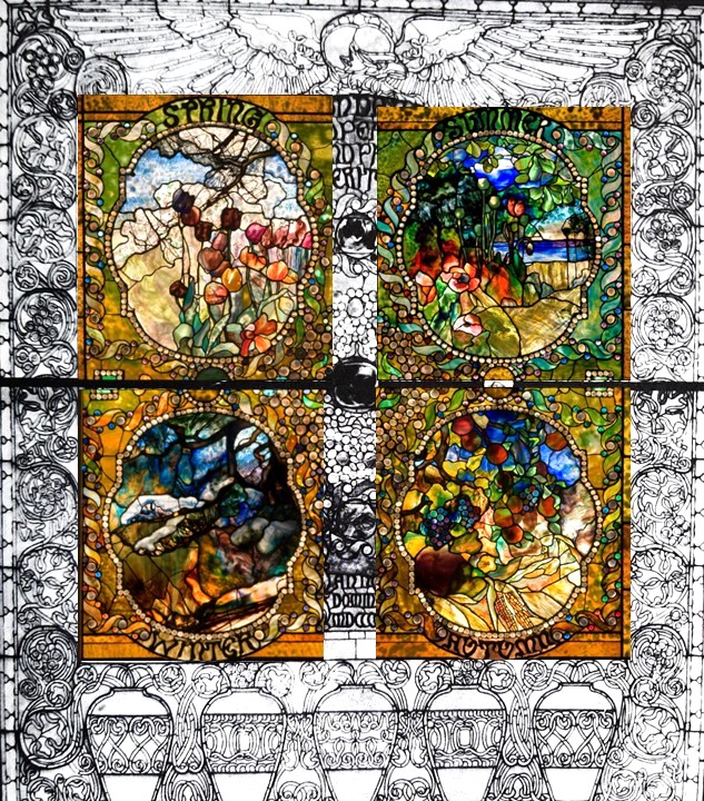 Louis Comfort Tiffany (1848-1933): 1899-1900ca, Four Seasons (Spring, Summer, Autumn, Winter), stained glass window, ca. 250x250cm, Morse M. Winterpark (R505,p133;iR10;iR3;R231-18;M235) =EU-1900-cl.67-USA-4, Vitraux (golden medal)