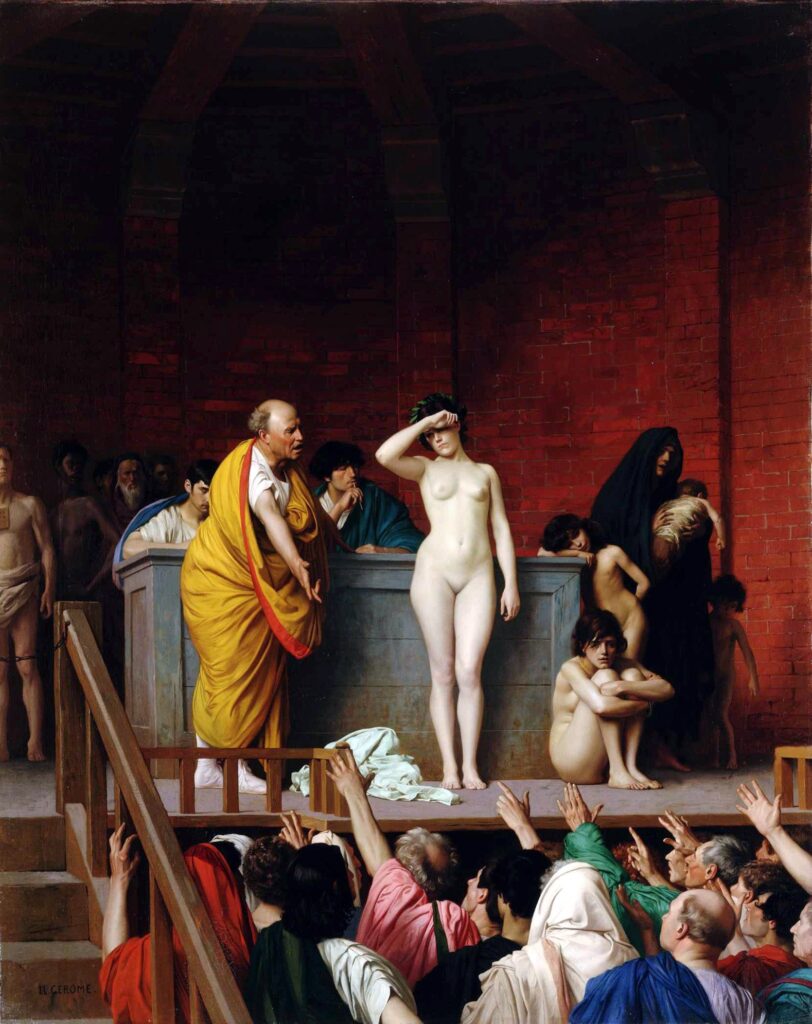 Jean-Léon Gérôme (1824-1904): 1884, Slave market in ancient Rome, 92x74, Hermitage (iR2;iR1;R15,p133;M95) Expo: =SdAF-1884-1030, Vente d'esclaves à Rome.