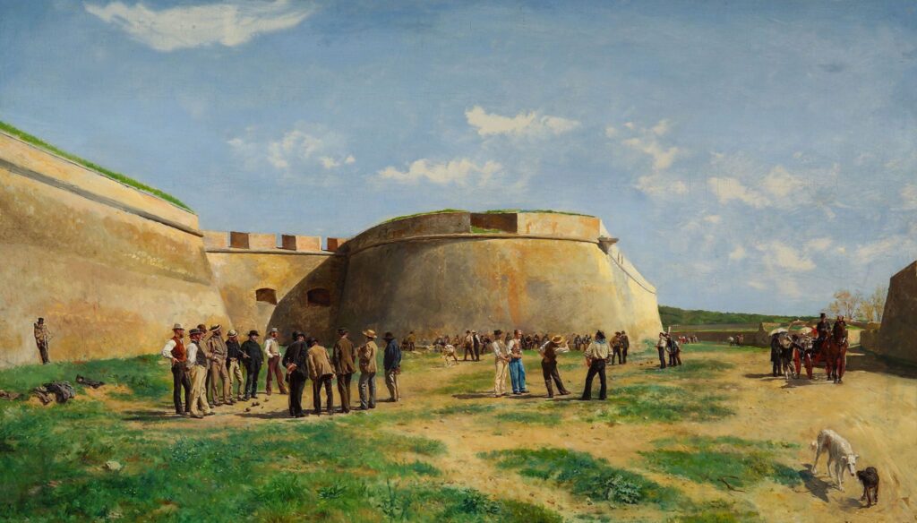 Ernest Meissonier (1815-91): 1885, Playing bowles in the Fosse at Antibes, op, 44x77, AAM New York (iR6;iR10)