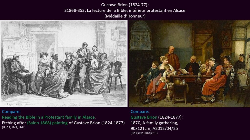 Gustave Brion (1824-77): S1868-353, La lecture de la Bible; intérieur protestant en Alsace (Médaille d'Honneur) (R337/1868+1869). Compare etch after original painting and painting with similar motive.