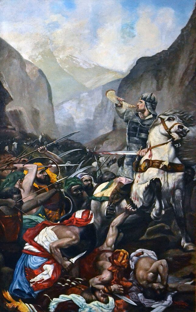 Wolf von Bibra (1862–1922): Roland at the Battle of Roncevaux Pass in the Pyrenees in 778 (The song of Roland). Copy after Louis-Félix Guesnet (1843-1907): S1873-691, Roland à Roncevaux (1st medal) (iR6;iR10;iR139;R337/1873+1874)
