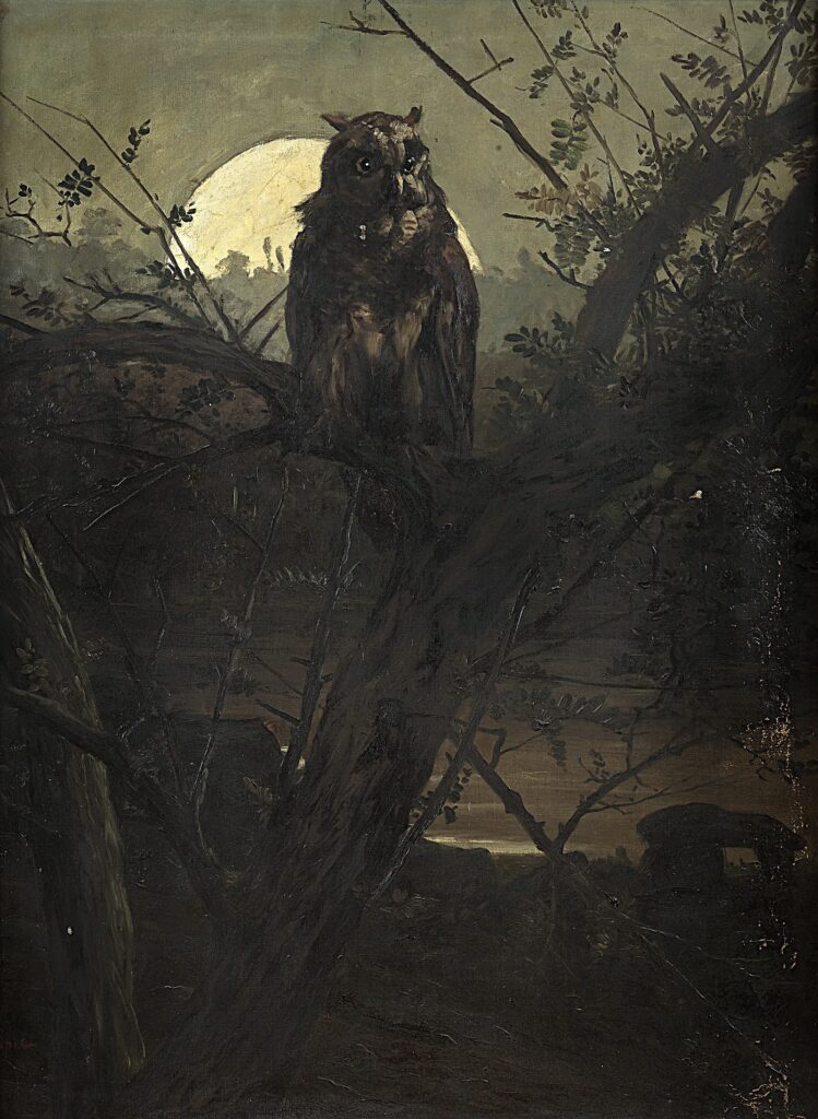 Ludovic Lepic (1839-89): 1865-70, Sbl, Un grand duc au clair de lune, 163x122, A2025/11/28 (aR15;iR6;R2,p162) Compare: 2IE-1876-102, L’Ile de Vachereu (clair de lune)