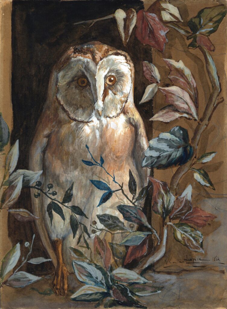 Ludovic Lepic (1839-89): 1866, SDbr, La chouette, wc+g, 34x26, La Nouvelle Athènes gallery