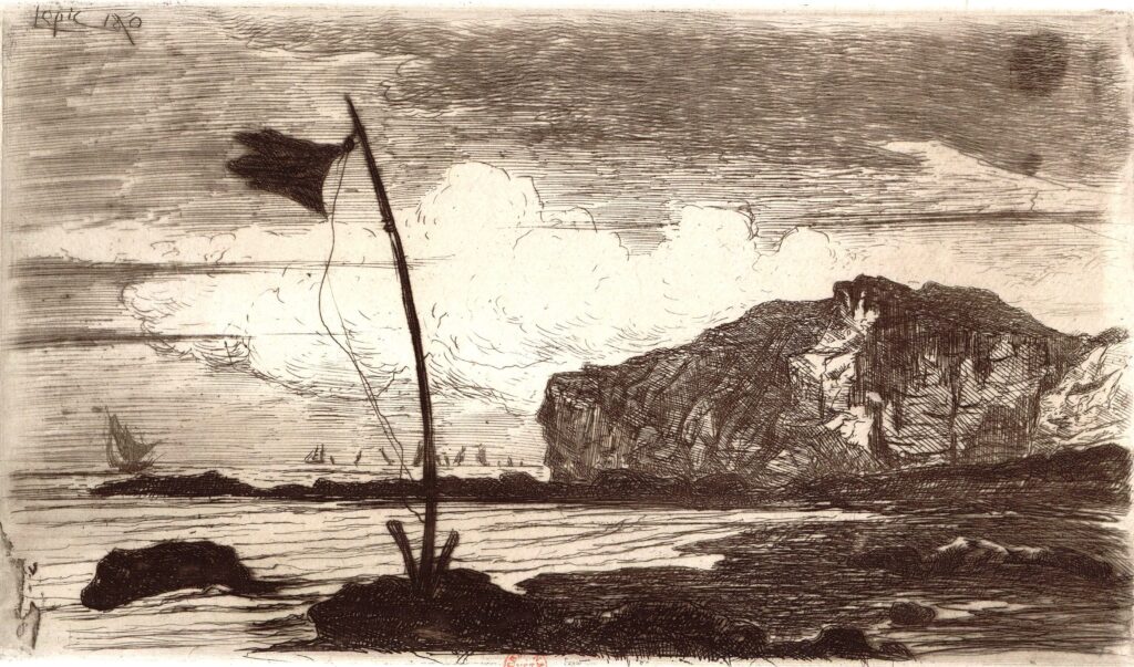 Ludovic Lepic (1839-89): 1870, SDtl, Falaise du nord avec pavillon, etch, 23x13, BNF Paris (iR6;iR40)
