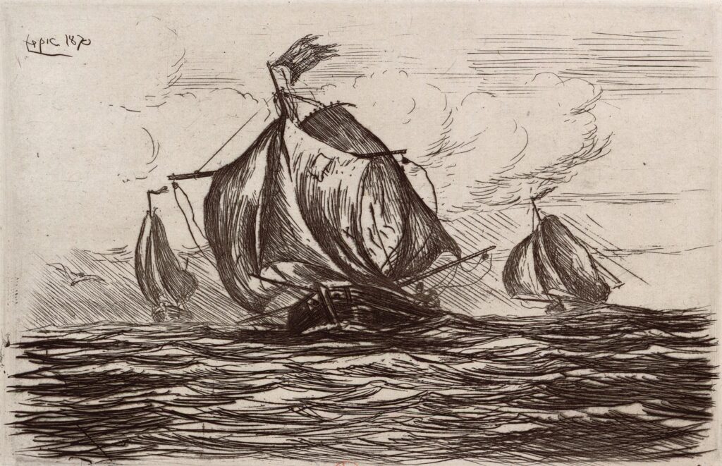 Ludovic Lepic (1839-89): 1870, SDtl, Trois voiliers cinglant au vent, etch, 20x13, BNF Paris (iR6;iR40)