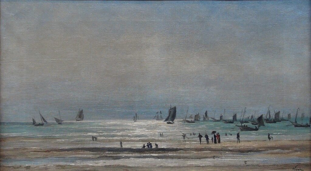 Ludovic Lepic (1839-89): 1879ca, Sbr, Le retour des bateaux sur la plage, 28x47, private (aR11)