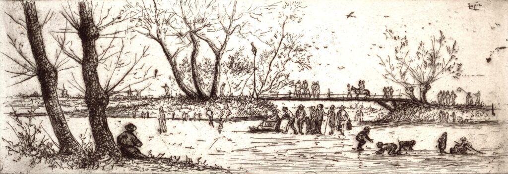 Ludovic Lepic (1839-89): 18??, Str, Patineurs avec spectateur assis à gauche, près de deux arbres, etch, 10x28, BNF Paris (iR6;iR40)