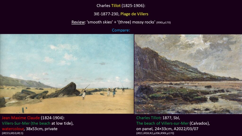 Charles Tillot (1825-1906): 3IE-1877-230, Plage de Villers. Compare a watercolour of Jean Maxime Claude and a painting of Tillot.