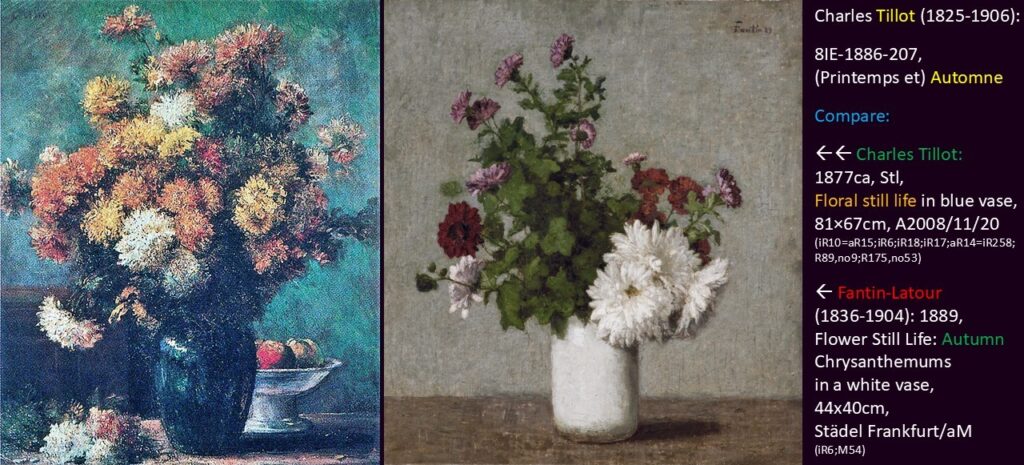 Charles Tillot (1825-1906): 4IE-1879-238-2, (Printemps et) Automne (deux tableaux de fleurs sous le même numéro). Compare a painting of Tillot and one of Fantin-Latour.