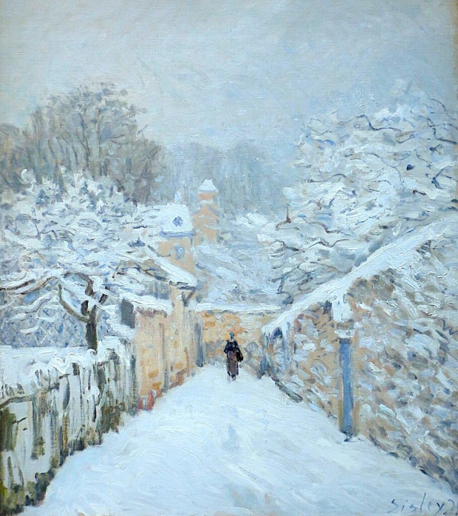Alfred Sisley: 1875 (1878), SDbr, CR282=CCPP323, Snow at Louveciennes, 61x50, Orsay (iR6;iR2;iR11;R53,p108;R38;R166,p180;R396,no323;R129,no282;R455) Provenance: Armand Doria; GP1899/05/04-223, Effet de neige, 62x38 (6.050fr) -> Isidore Montaignac.
