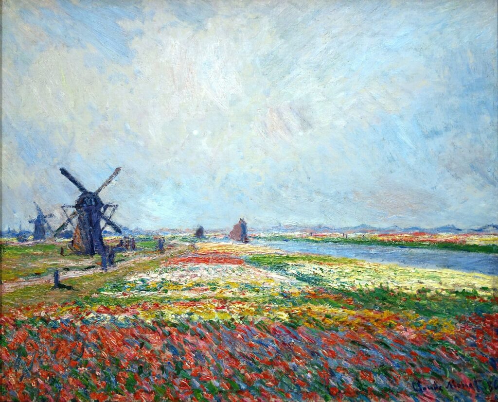 Claude Monet: 1886, CR1068, SDbr, Field of tulips and windmills near Leiden (Sassenheim), 65x81, SM Amsterdam (iR3;R22,no1068;M273) Expos: 6EIP-1887-78; GP1889-MR-81. Provenance: Boussod, Valadon et Cie (1887); Georges Petit (1889.