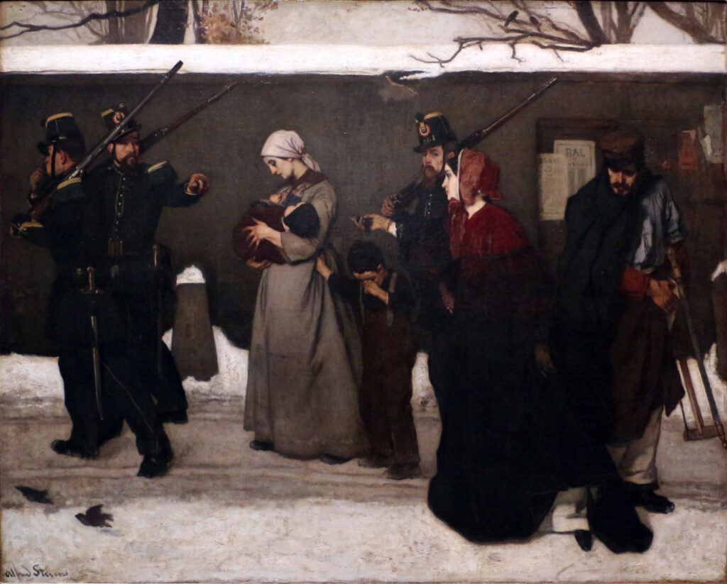 Alfred Stevens (1823-1906): 1854, Ce que l'on appelle le vagabondage (Les Chasseurs de Vincennes), 131x165, Orsay (iR6;iR23;M1) Expo: EU1855-407. Provenance: ? Durand-Ruel (RdE-1873-23, La Mendicité, 132x160cm) (R243)